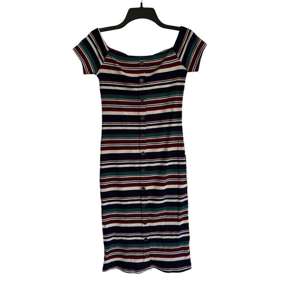 As U Wish Striped Bodycon Midi Dress Size Small Knee Length Faux Button Front - Picture 2 of 6
